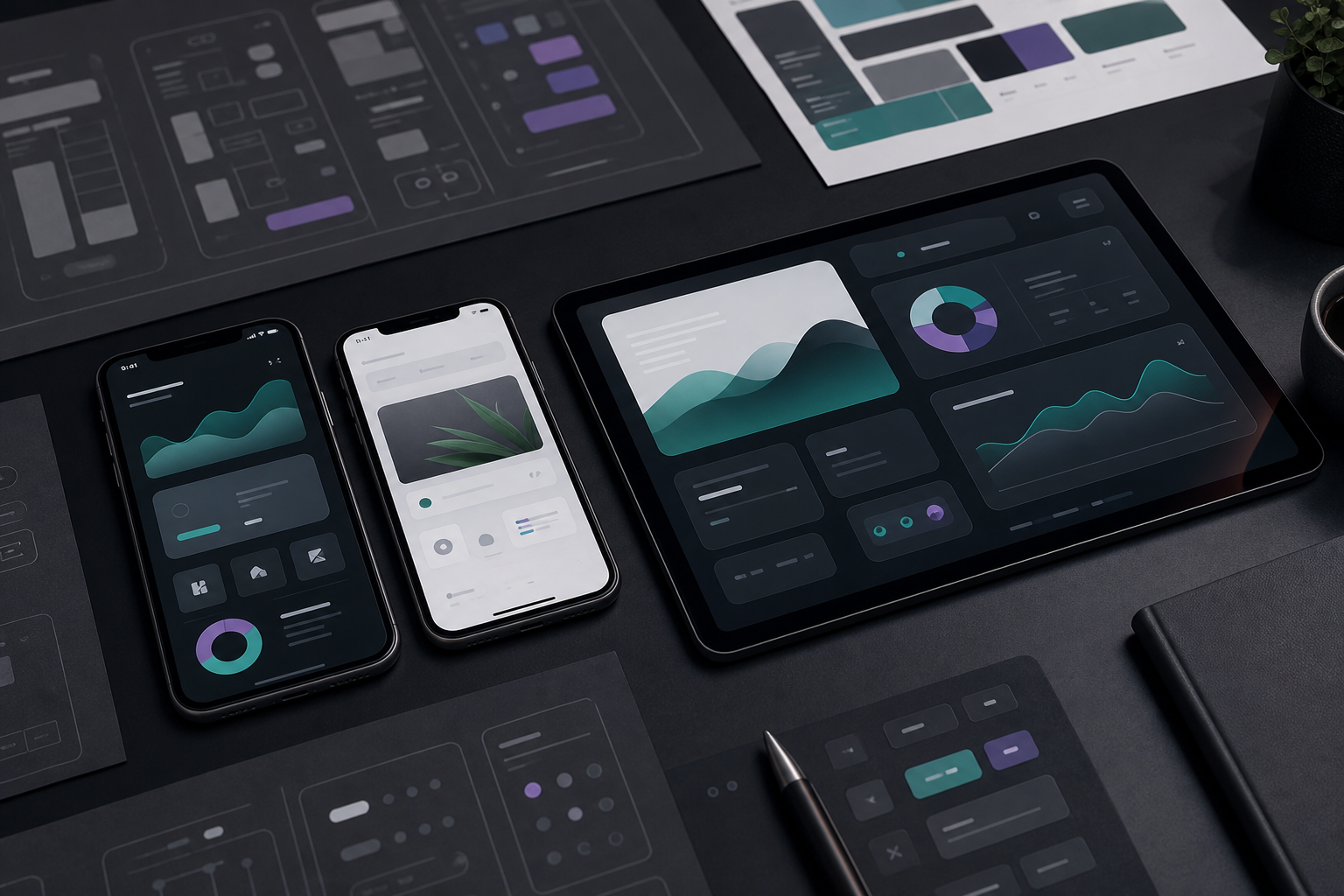 Mobile app interface mockups and product dashboard